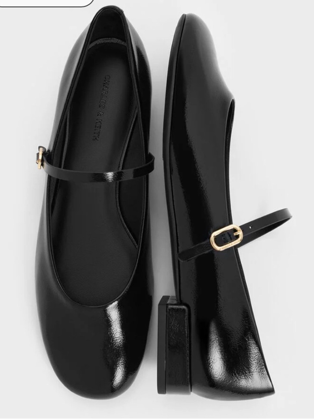 Charles & Keith Glossy Black Mary Jane Flats with Gold Buckle